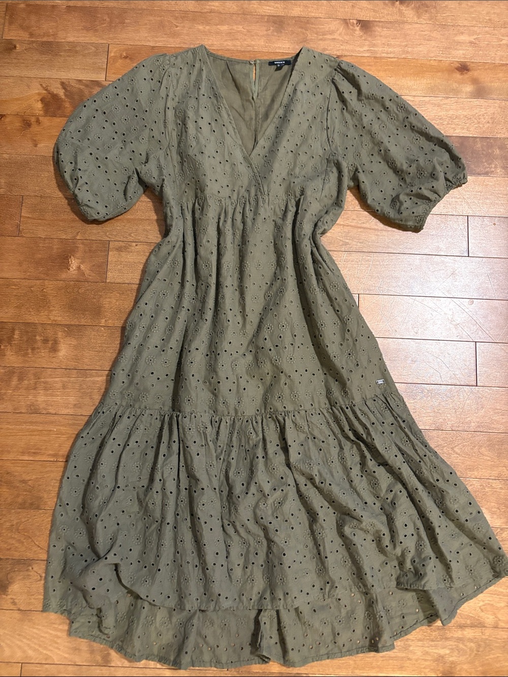 Mexx Cotton Olive Eyelet V-Neck Tiered Midi Dress